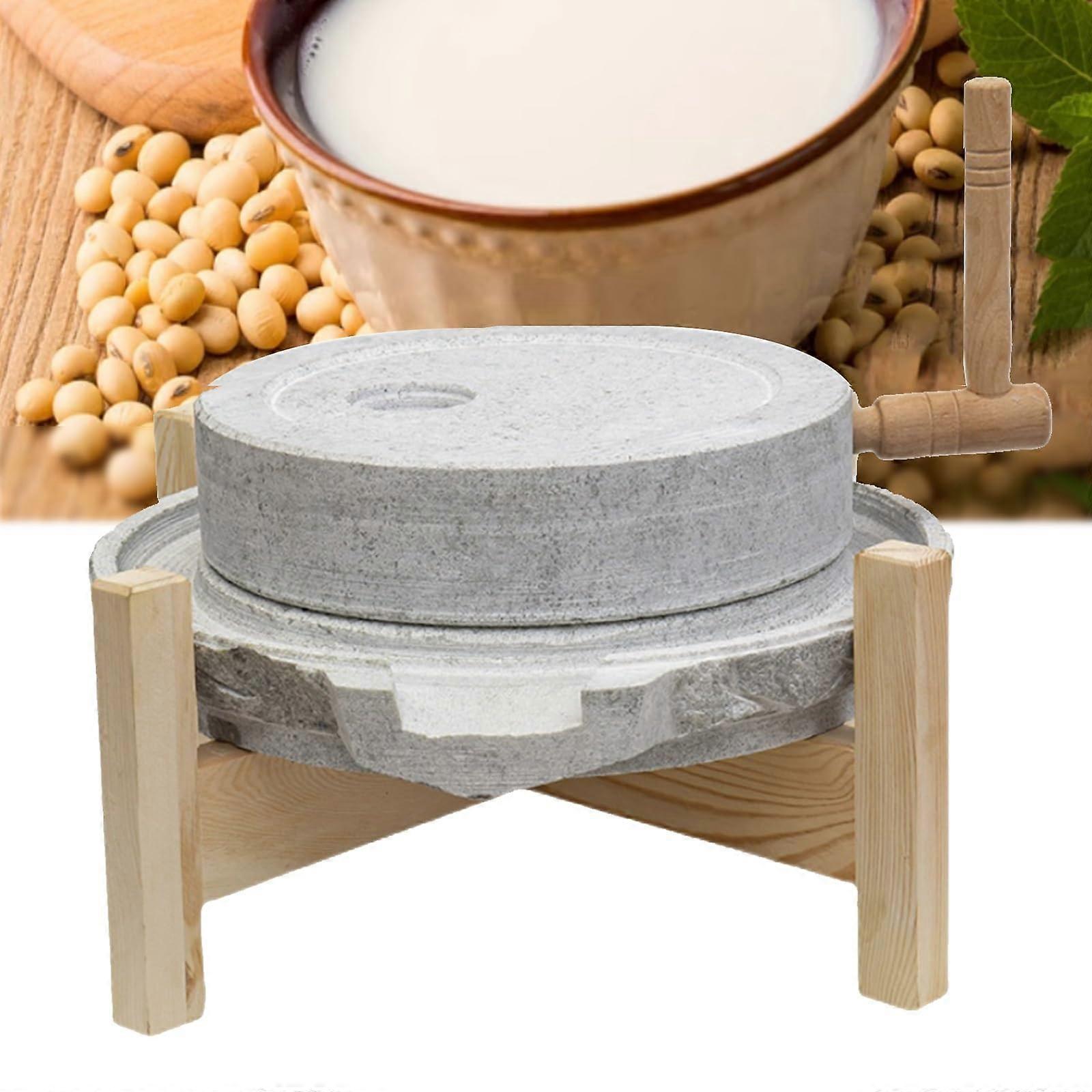 مطحنة الحجر الجيري المصنوعة يدويا مع حامل خشبي ، مطحنة يدوية جافة / رطبة للمنزل ، المطبخ ، مطحنة الحجر التقليدية للقمح واللوز والحبوب ، 20 سم / 7.9 بوصة.