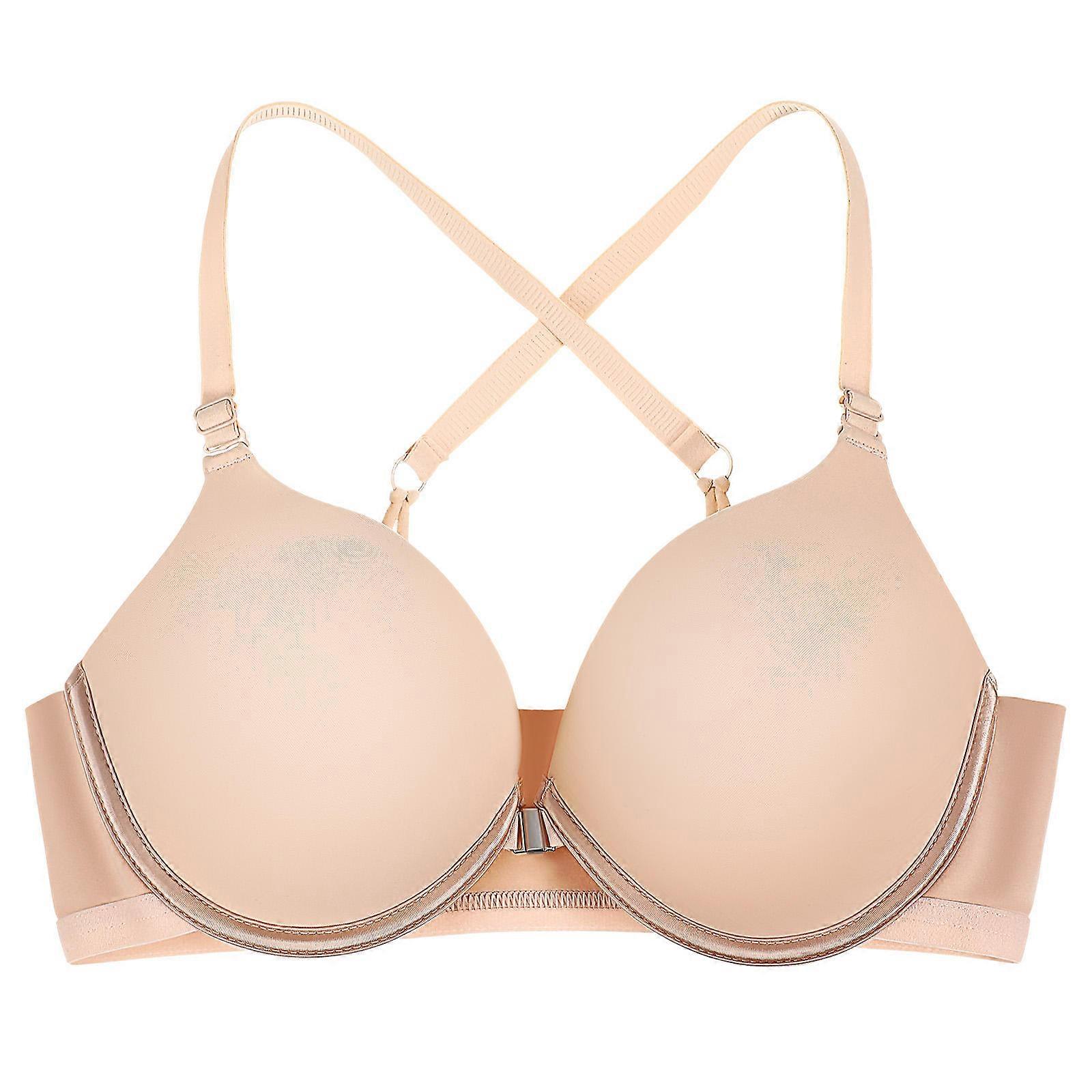 Front Snap Bra Wire Free Bra For Women Daily Wear Beige Nylon Fabric 1 Set