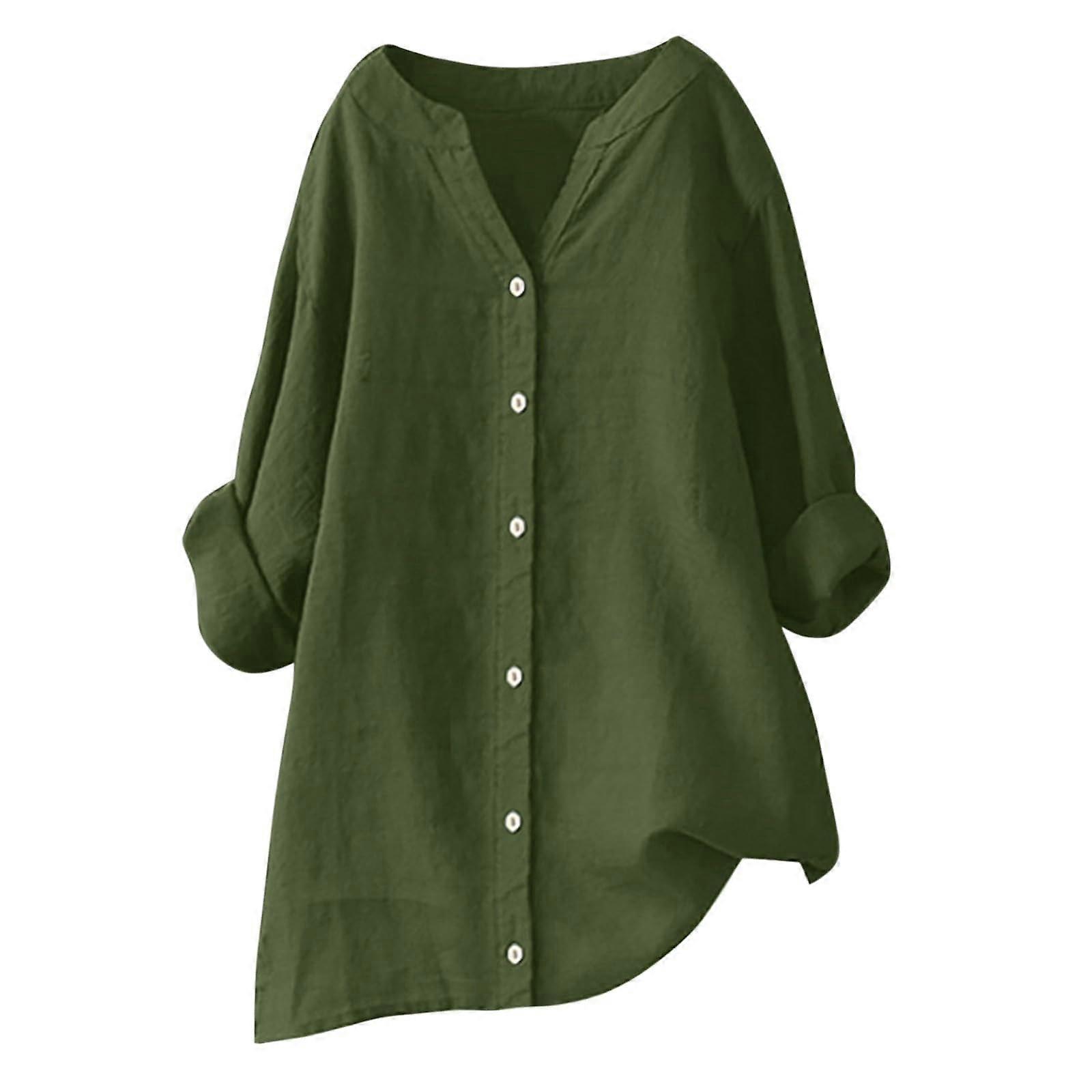 Muslin Blouse Women's Oversized Long Sleeve Shirt Army Green 3XL Lightweight V-Neck Linen Tunic Top for Spring Summer