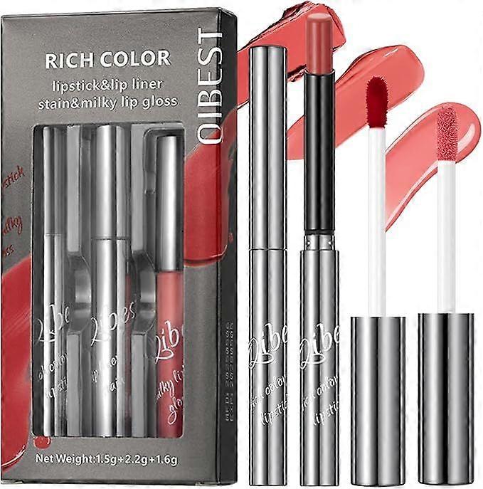 3PCS Lip Makeup Set Matte Lipstick, Peel-Off Lip Liner & Butter Lip Gloss, Long-Lasting Waterproof Lip Kit for Smooth, Defined & Hydrated Lips