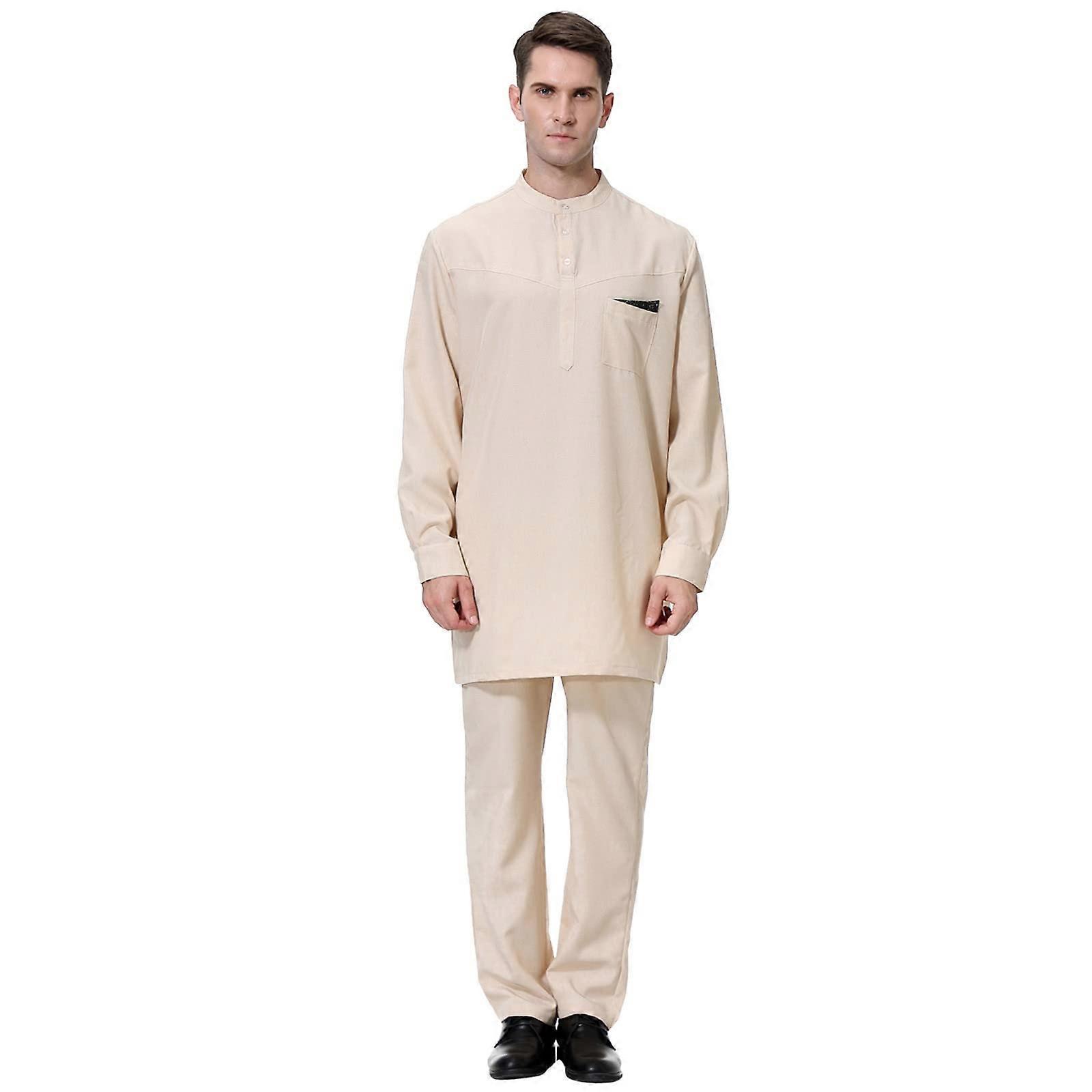 Men's Muslim Kaftan with Pants Suit Thobe Islamic Royalty Dubai Robe VNeck Tunics XL Khaki