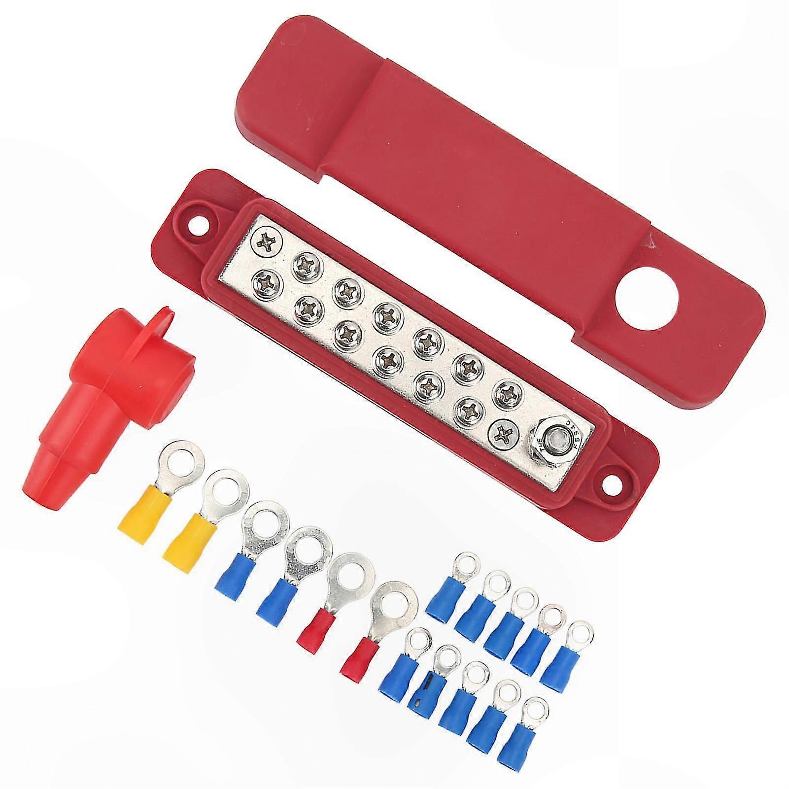 12-Way Terminal Block 180A Busbar with 16 Ring Terminals for Automotive Marine RV Applications Red