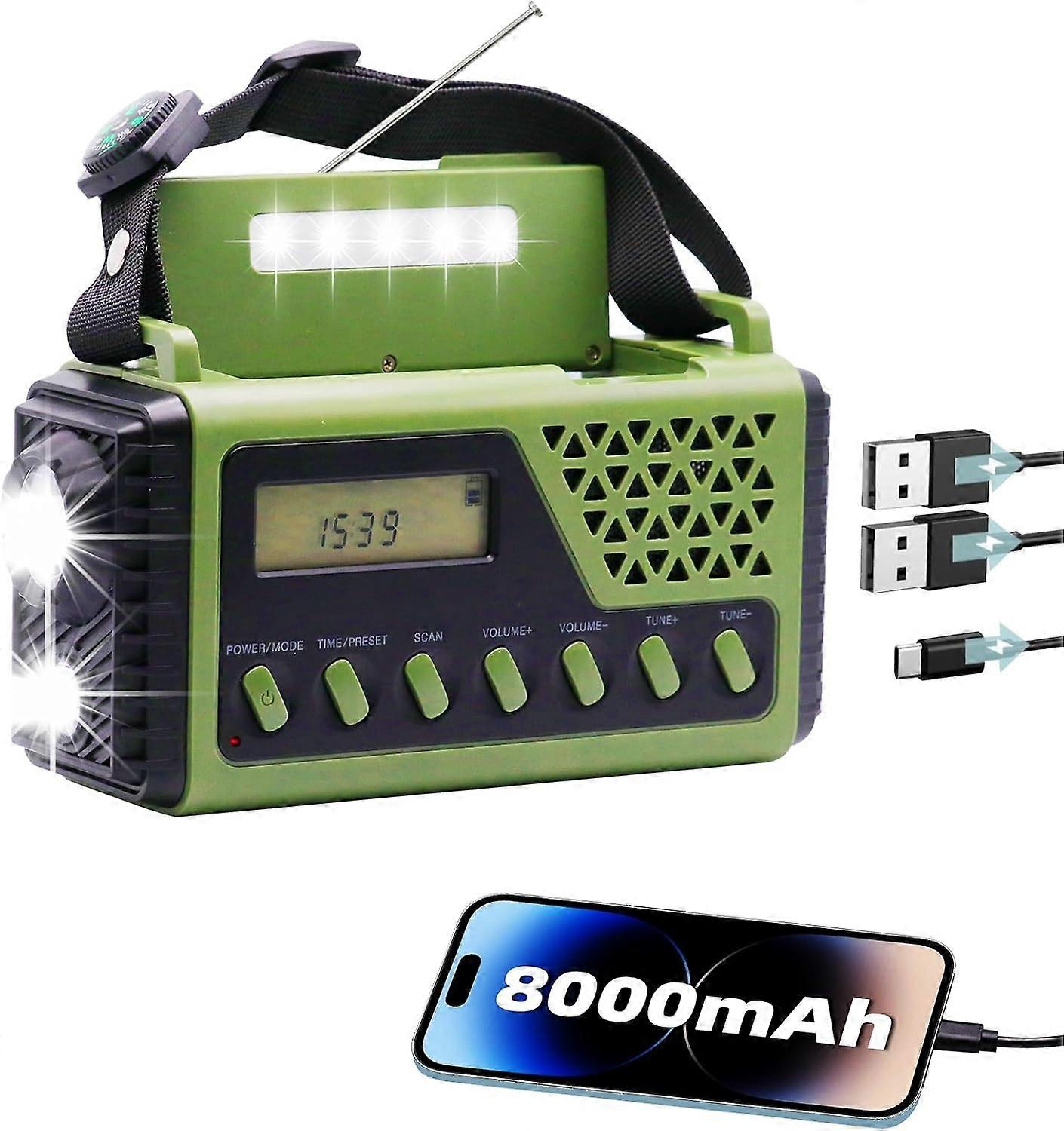 Portable Emergency Radio, 8000 Mah Powerbank Battery, Fm/Am/Sw Emergency Radio With Reading Light