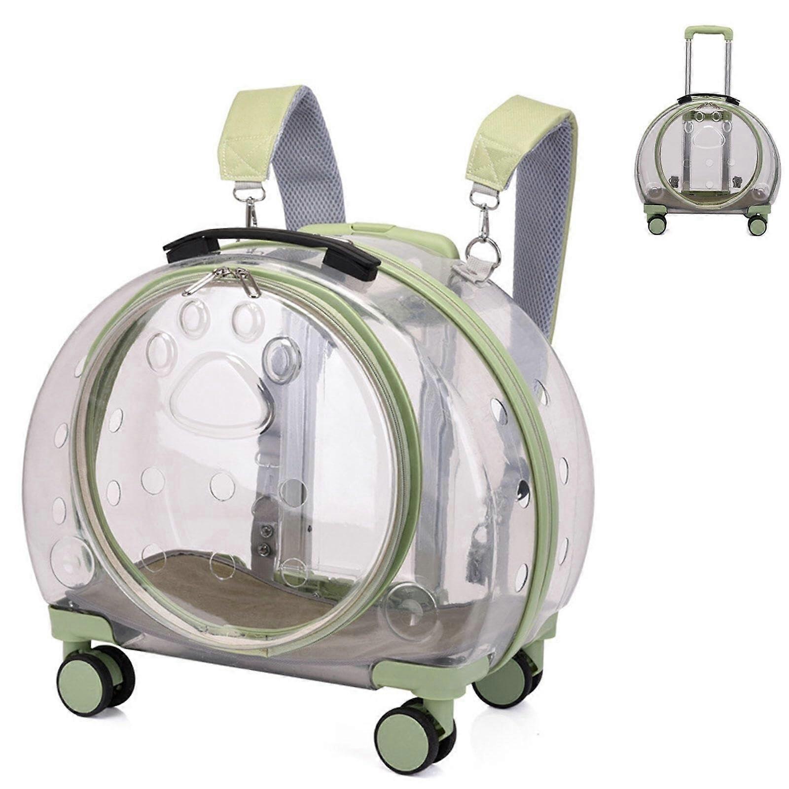 Lightweight Rolling Cat Carrier with Transparent Bubble Pet Carrier with Wheels for Cats and Dogs(Green B) Ref: 4897