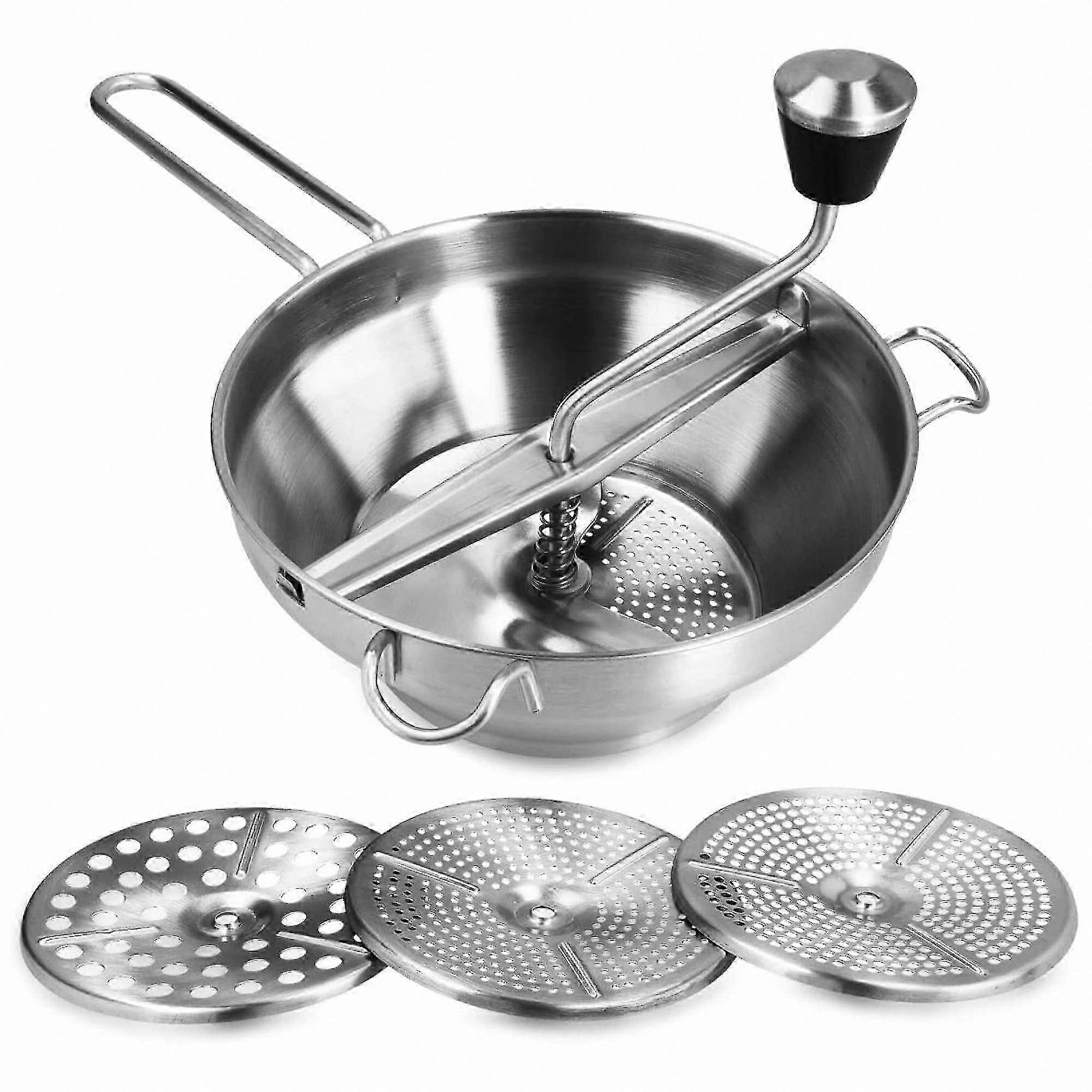Kitchen Strainer with Three Sieve Inserts - Multi-Function Mill for Soup, Jam, Baby Porridge, and Sauces - Includes Three Mesh Filters and Press Handl