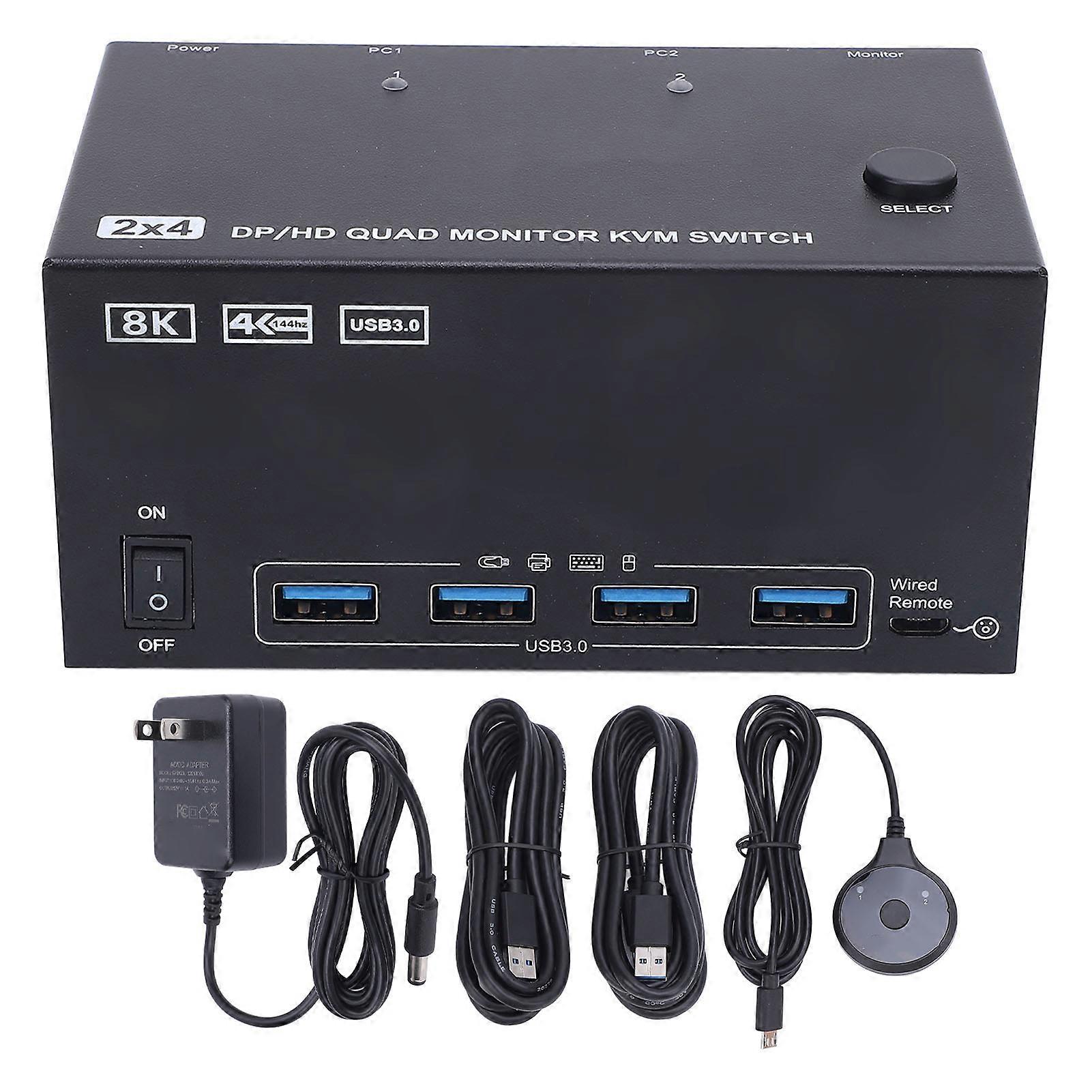 KVM Switch 4K 144Hz DisplayPort 8K 60Hz 4 Displays 2 Computers USB 3.0 Ports US Plug