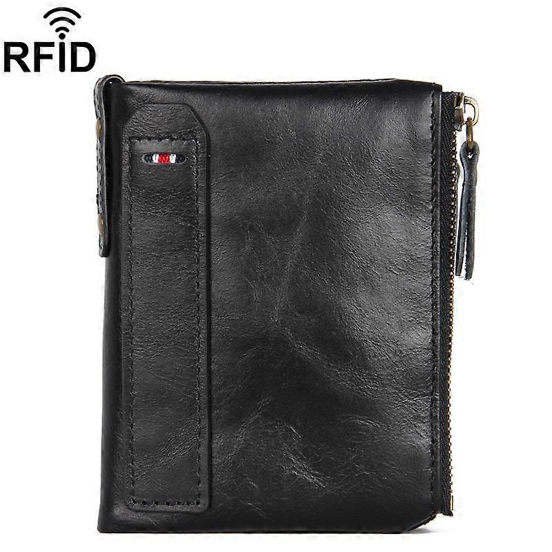 Leather RFID Men Short-Style Wallet Double-Zipper Billfold