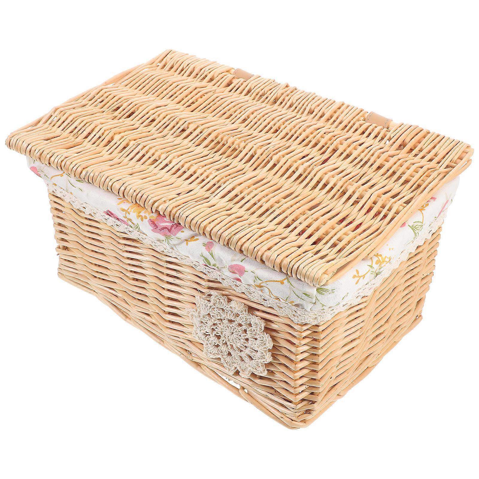 Storage Basket with Lid Rectangular Home and Office Beige Wicker Handwoven Dustproof 1piece