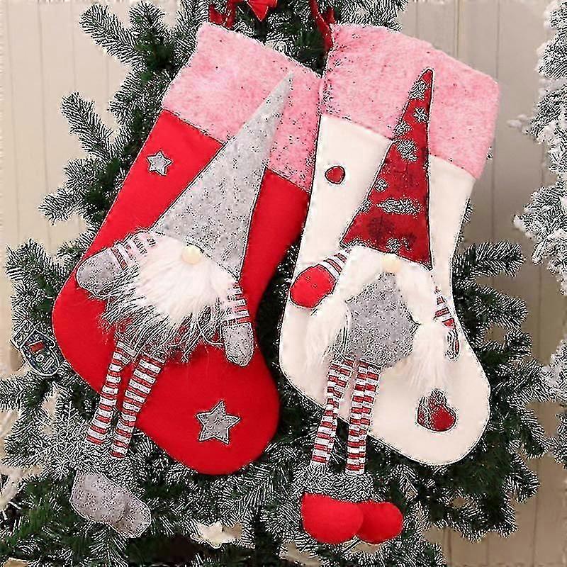 Christmas Party Stocking Pair - Red and White Decorations with Hanging Loop