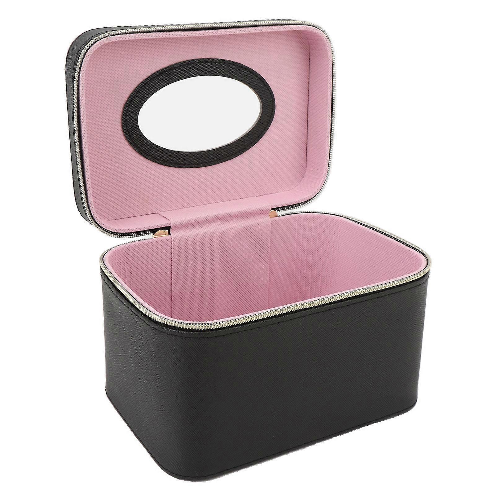 Exquisite Makeup Bag with Mirror Large Capacity PU Leather Breathable Portable Cosmetic Case with Mirror for Travel Black M Oval Mirror 