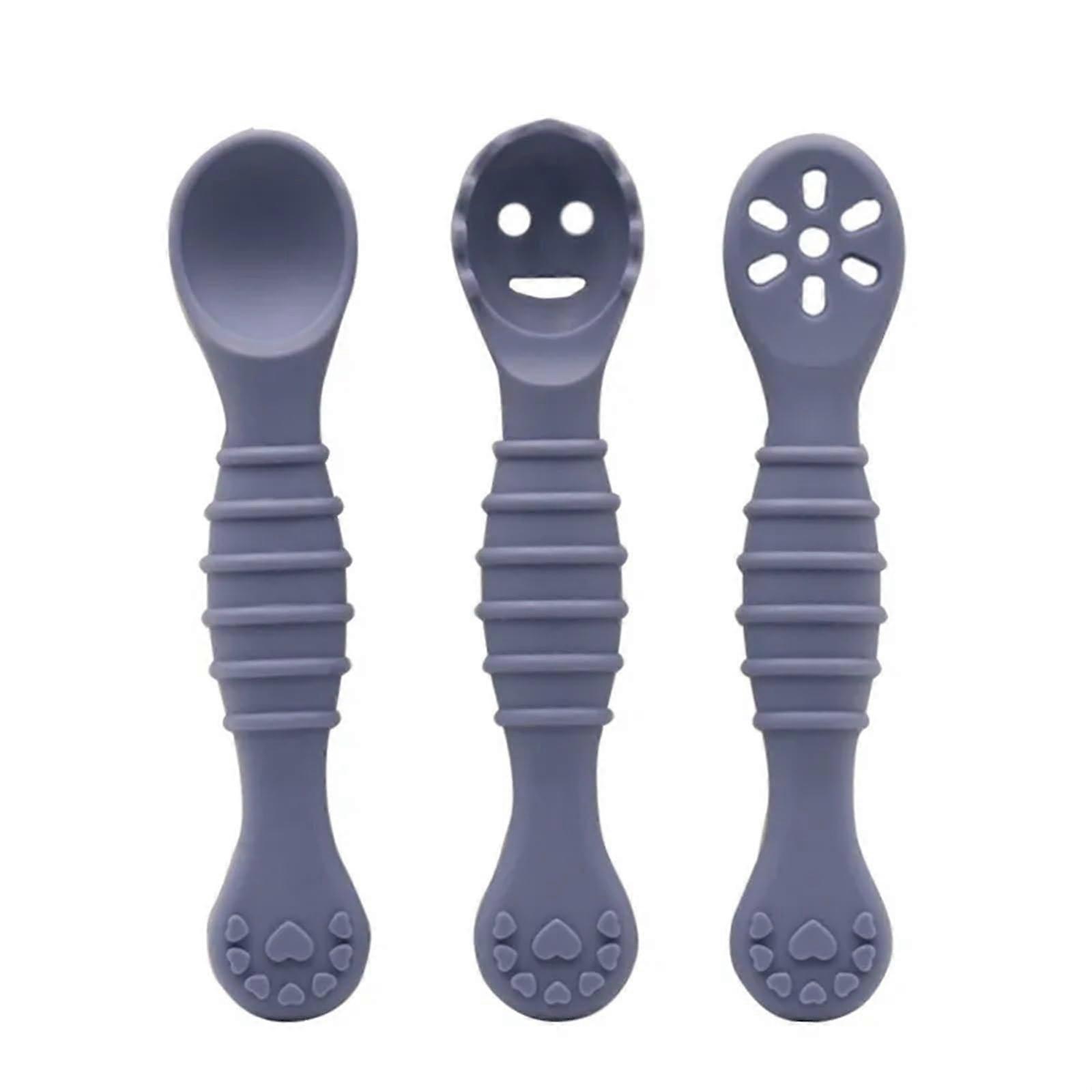 Baby Learning Spoons 3Piece Utensils Set For Newborns And Toddlers Weaning SelfFeeding Gray
