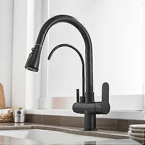 Black Kitchen Sink Faucet with Pull Out Hose, 3 Way  Arc Gooseneck, Dual Handles, 360° Swivel Water Filter Tap