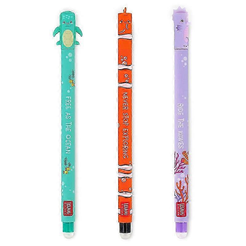Lot de 3 stylos gel à motifs d'animaux marins (pointe fine 0,35 mm), effaçables et à séchage rapide, pour écrire, tenir un journal, à l'école ou au bureau (25-26 cartouches).