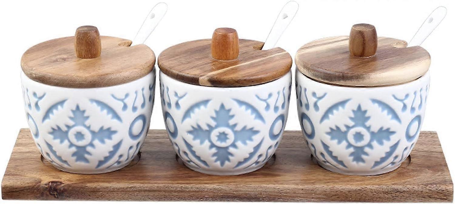 Ceramic Spice Jar Set with Airtight Bamboo Lids, ThreePiece Sugar and Salt Bowls on NonSlip Tray