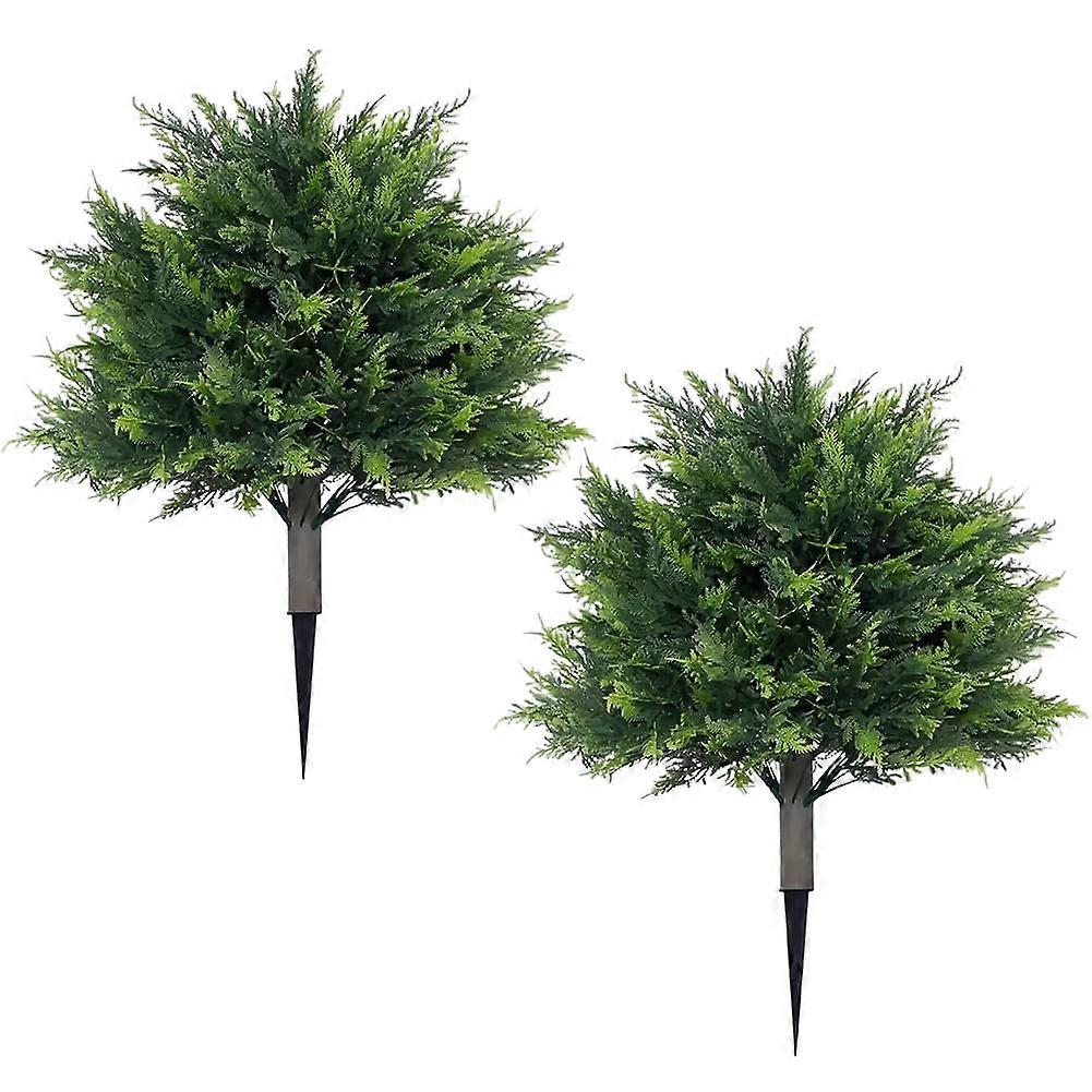 2 Pack Artificial Cypress Topiary with Spike, 23.6 Inch UV Resistant Faux Cedar Bushes for Porch Garden