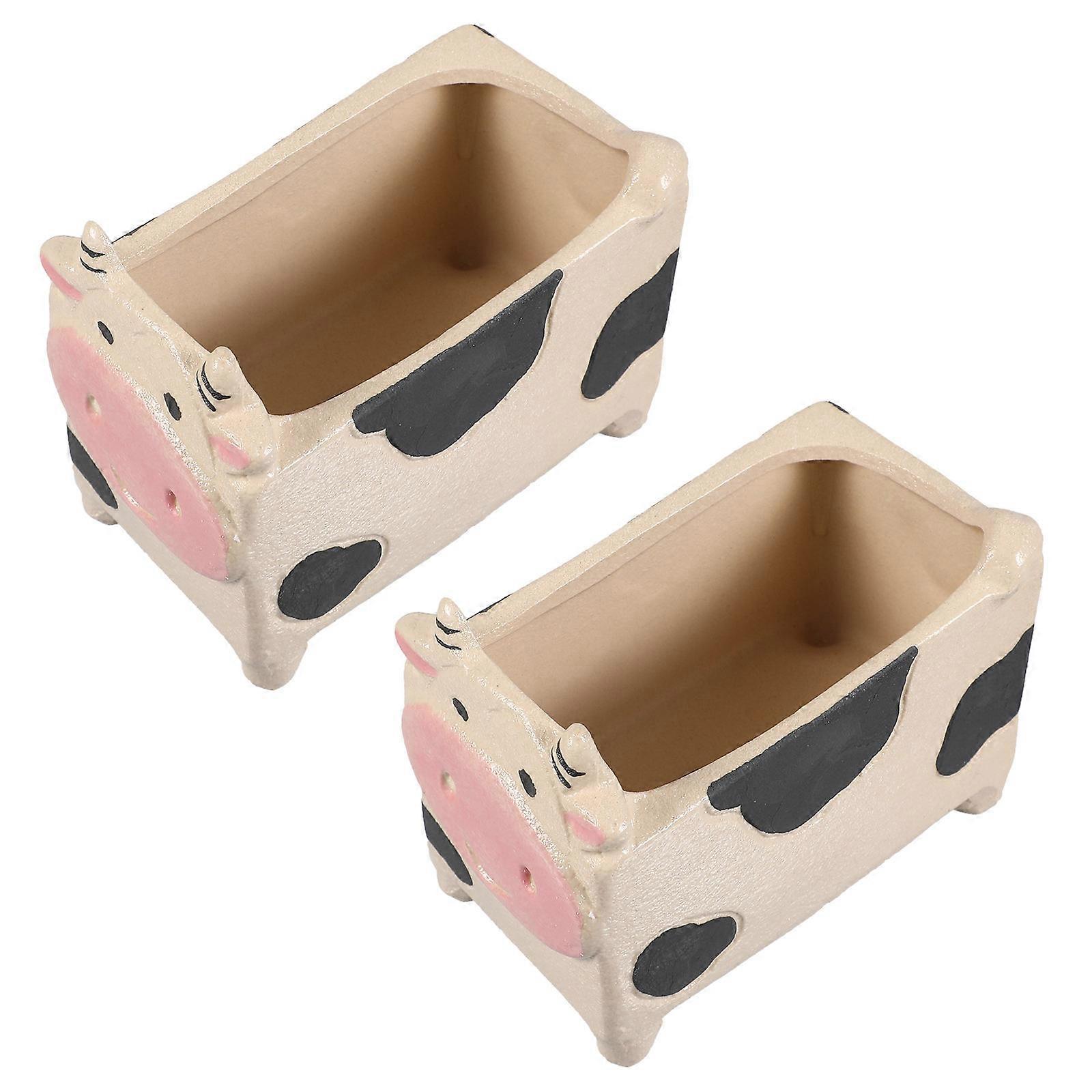 Succulent Flowerpot Ceramic Cow Shape for Decoration 4Pcs Beige