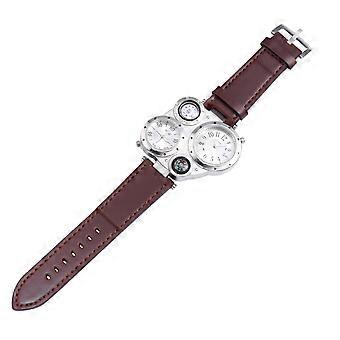1Pcs  Double Inserts Genuine Leather Watch Outdoor Sports Thermometer Compass Quartz Watch (Dark Coffee)