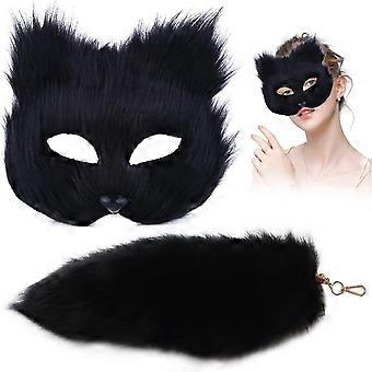 Conjunto de Máscaras: Máscara de Gato com Cauda, ​​Máscara Peluda de Raposa com Cauda de Lobo de 40 cm, Chaveiro, Máscara de Meia Face para Cosplay e Festa à Fantasia, Preta