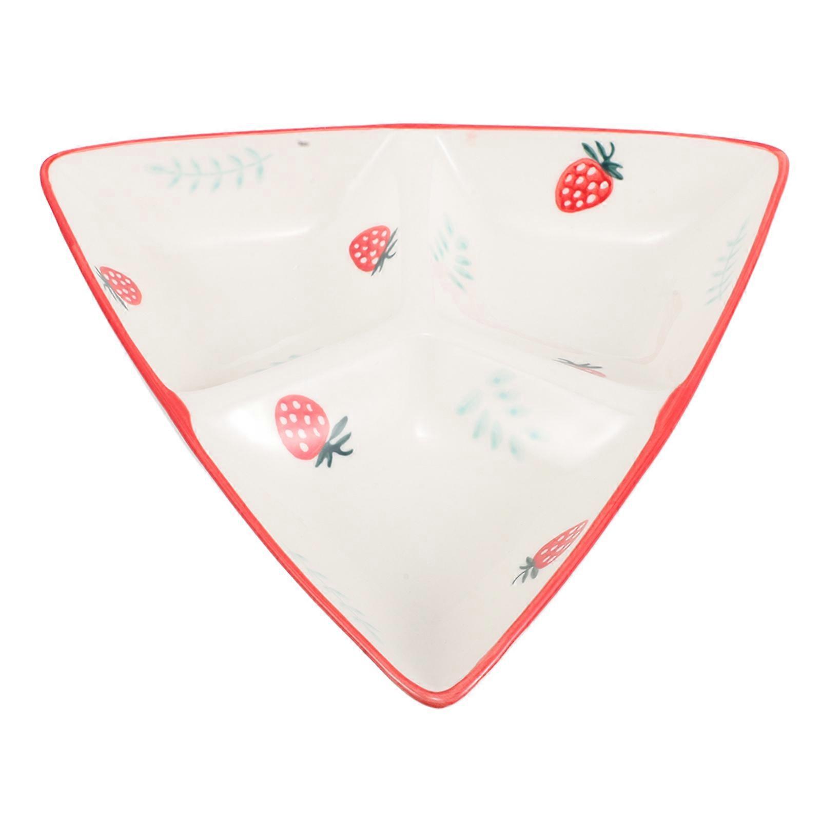 Creative Ceramic Triangular Divided Plate for Serving with Cute Red Strawberry Pattern
