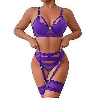 Version 2026 Strumpfband-Dessous für Damen, sexy Spitzen-Dessous, transparentes, 4-teiliges Dessous-Set in Dunkelviolett