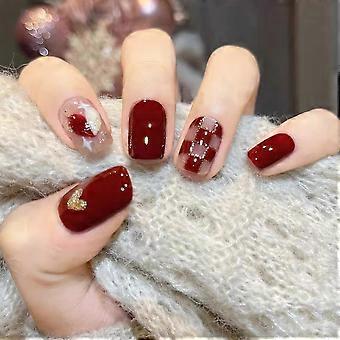 Wearing armor, detachable fake nail patches, jujube red, sweet, white, chessboard pattern, love nail enhancement