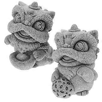 Lion Figurine Pair Faux Stone Sculpture Ornament for Aquarium Fish Tank Garden Micro Landscape Decor, Grey, 2 Pieces