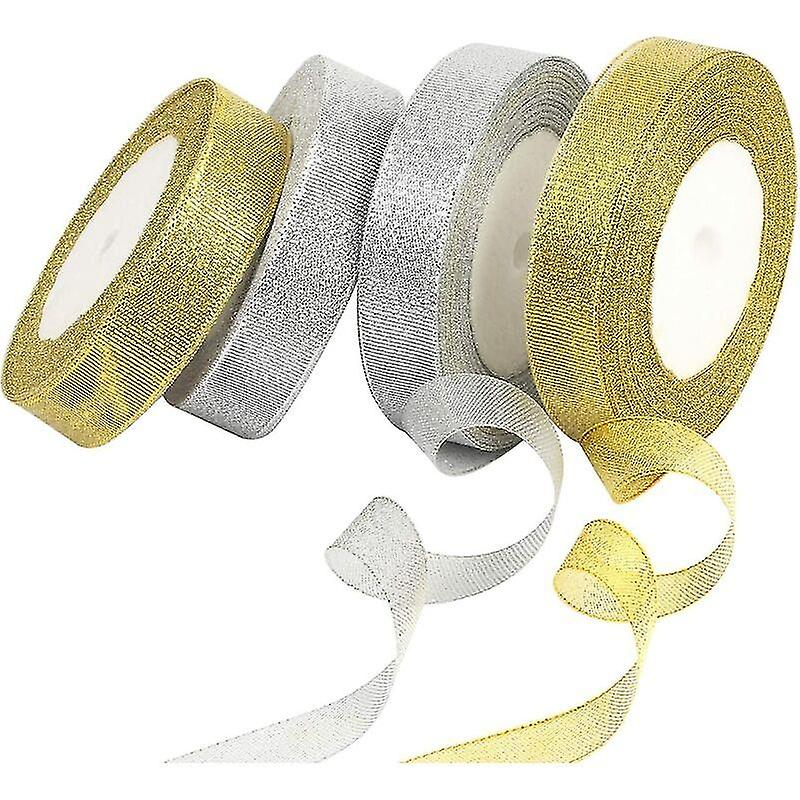 4pcs Organza Ribbon Gift Roll, Shiny Ribbons Roll Decoration Gold And Silver