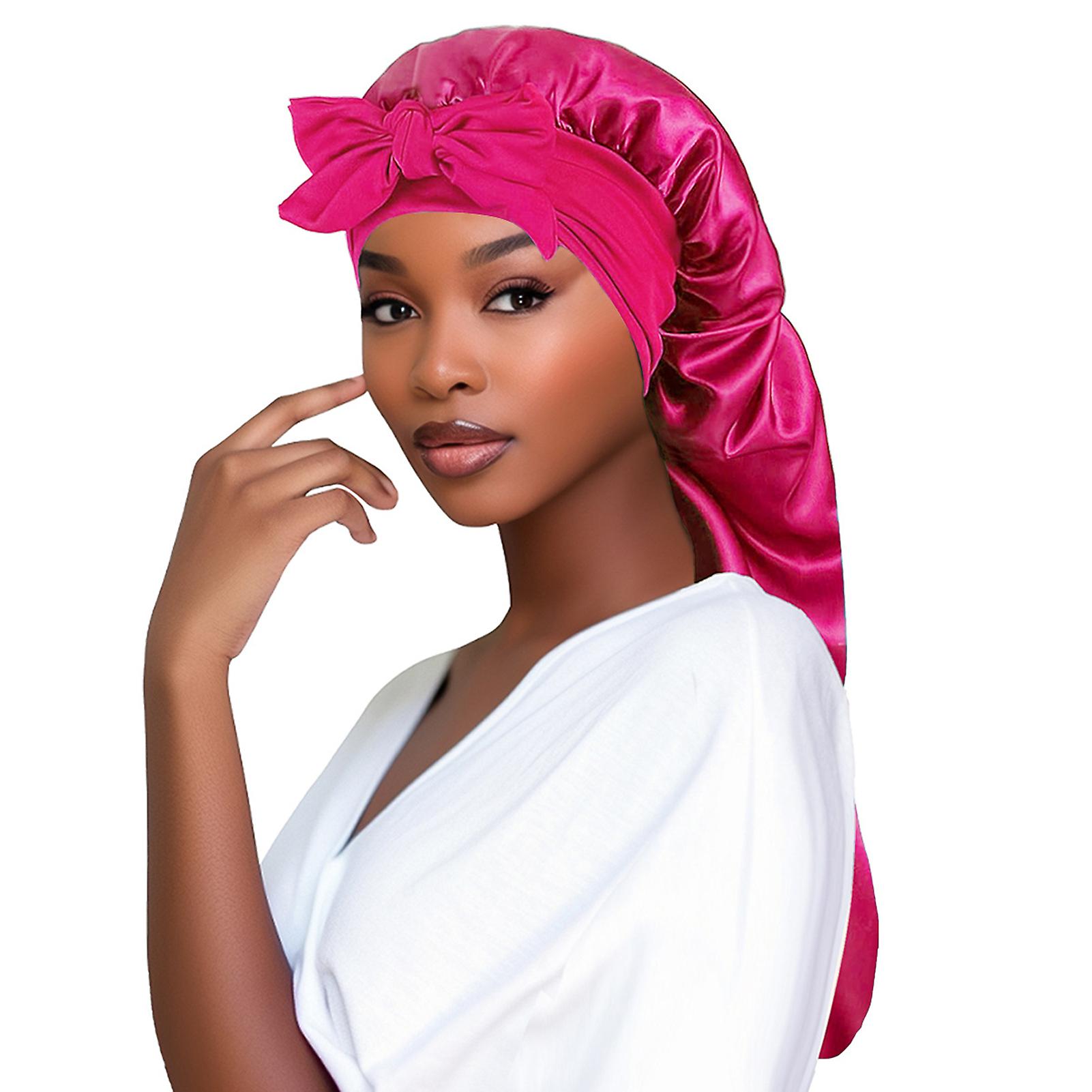 Women's Bowknot Long Tail Braid Bonnets Hair Protection Comfy Nightcap for Shower Bath