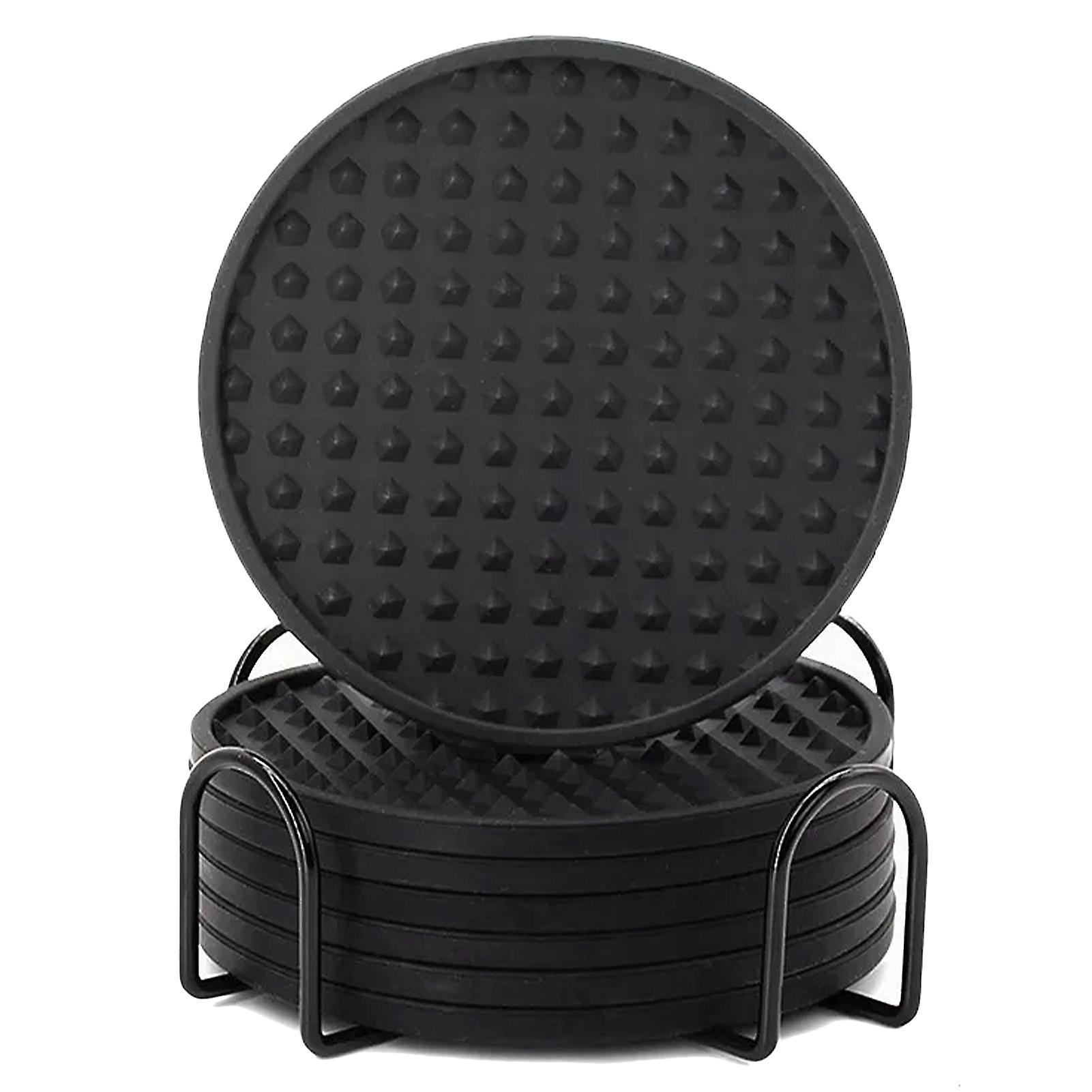 Silicone Drink Coasters Set - 7 Black Anti-Slip Mats with Holder for Table Protection