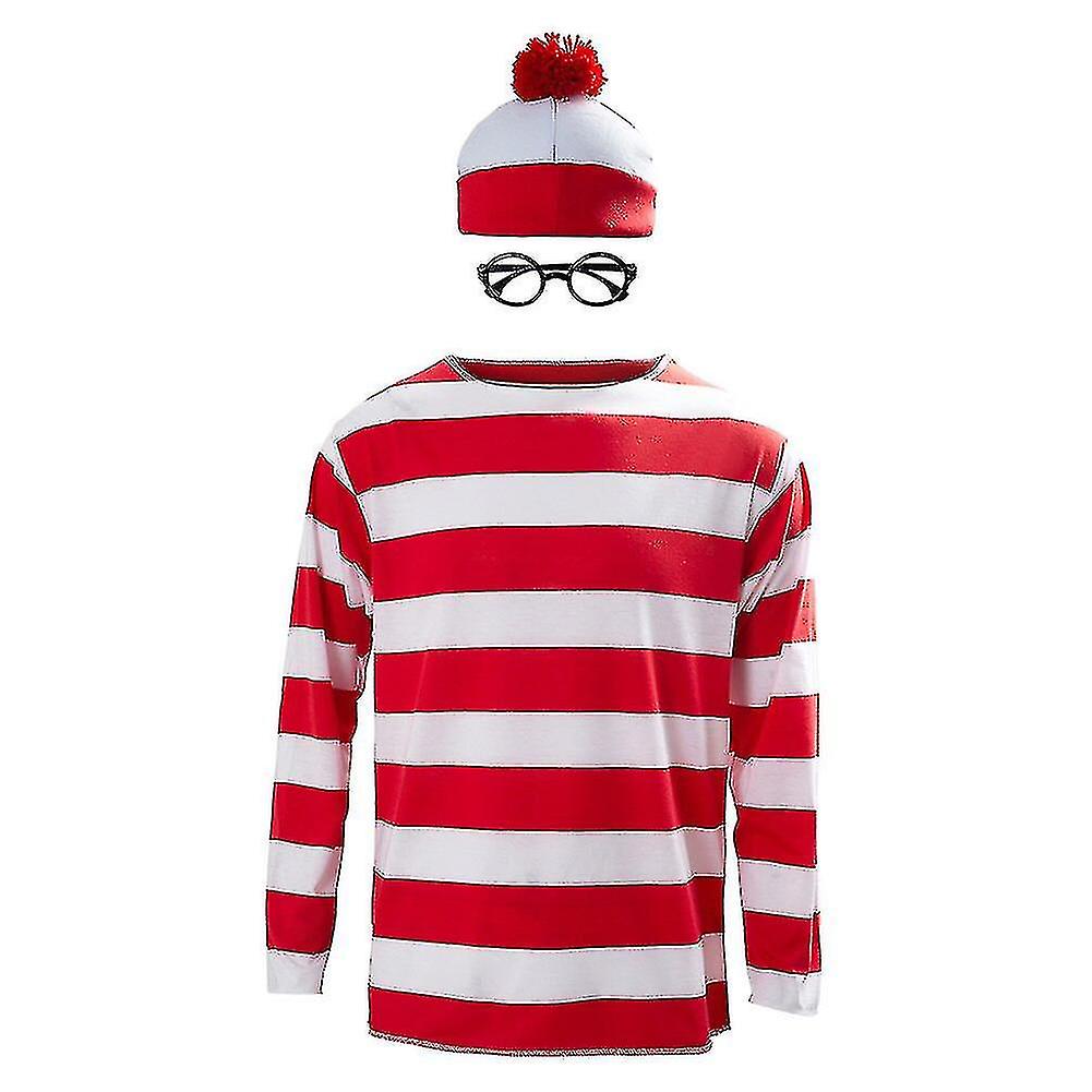 Hol van most waldo piros és fehér csíkok cosplay jelmez felnőtt férfi póló pulóver+kalap+szemüveg karácsonyi halloweeni parti öltönyhöz