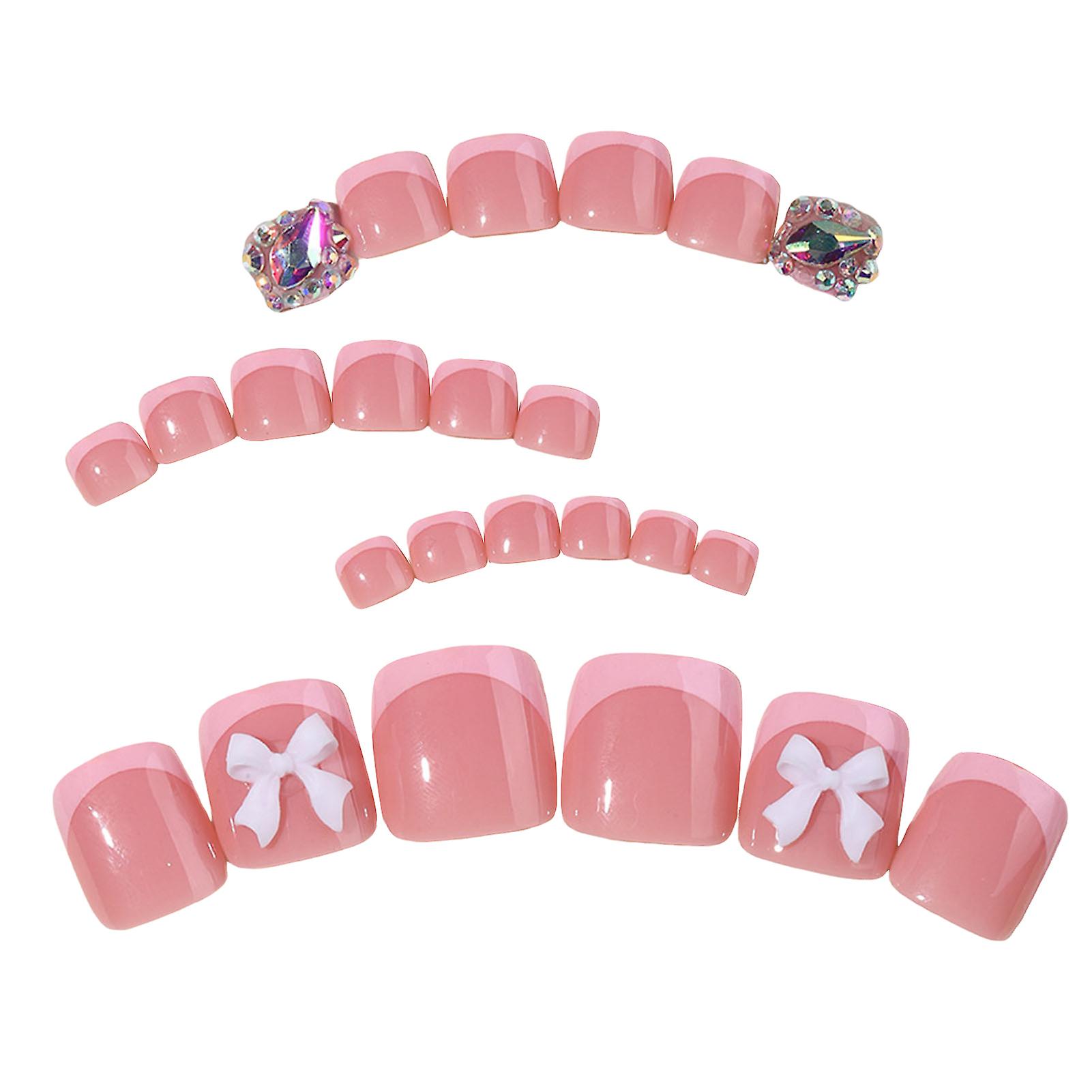 Pink Fake Toenails with 3D Bow Long Lasting Safe Material Waterproof False Nails for Stage Performance Wear