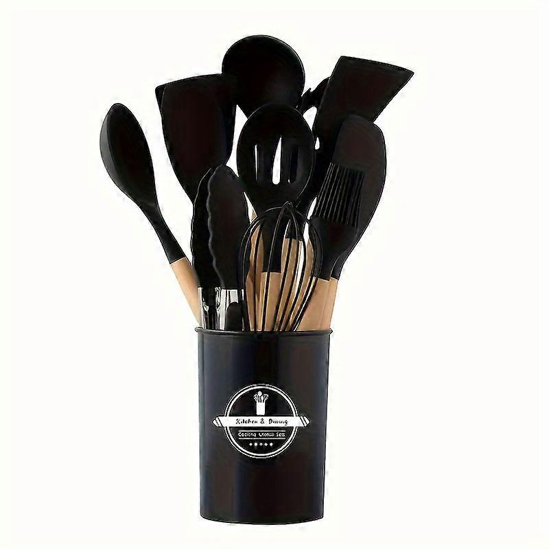 "Essential Kit" 12-Piece Silicone Kitchen Utensil Set with Khaki Wooden Handles - Non-Stick, Safe & Washable Cooking Tools for Home and Dorm