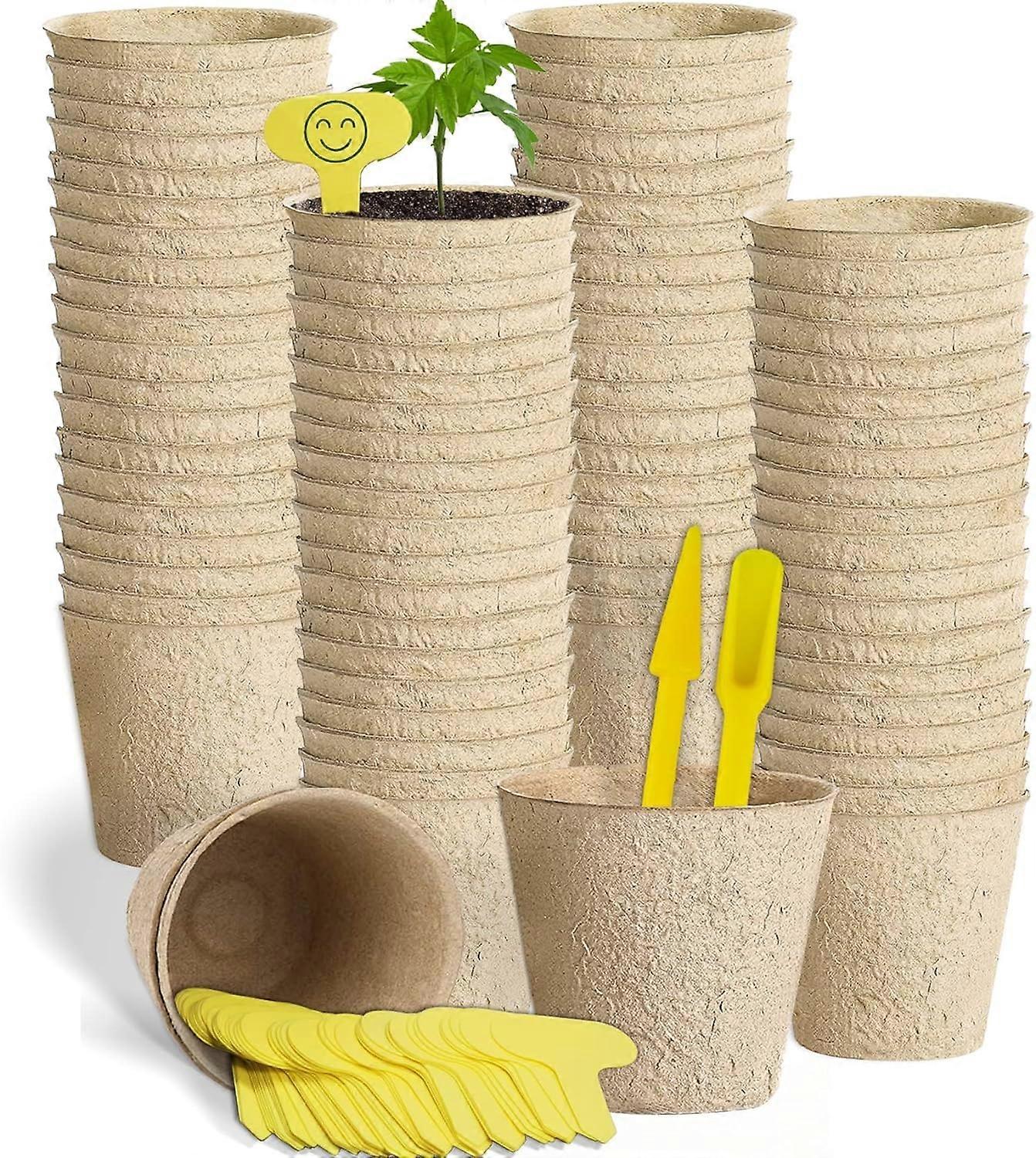 100pcs 3.15 Peat Pots,Biodegradable Peat Pots for Seedlings, Plant Nursery Pots for Graden,Seed Starter Kit Bonus 100 T-Labels& 2 Transplant Tools
