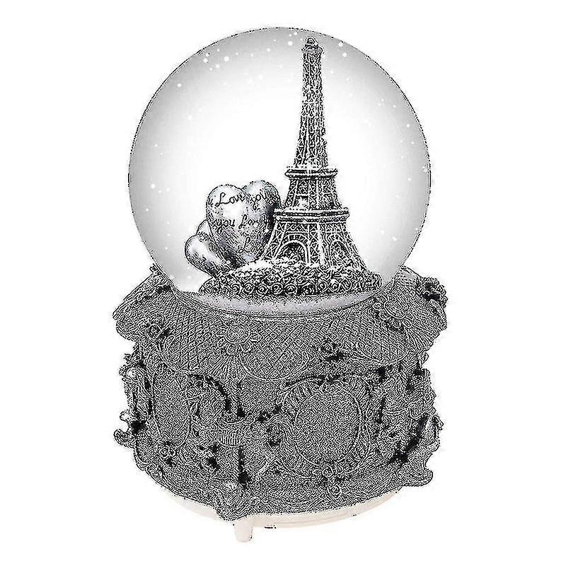 Paris Eiffel Tower Snow Globe Music Box With Automatic Snowfall And Colorful Lights, 100mm 6 Tall C Boris