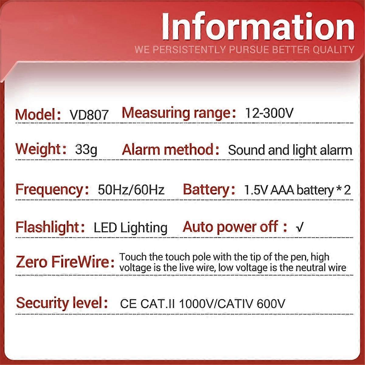 VD807 Digital Voltage Detector Tester Pen AC12-300V Voltage Testers Circuit NCV Sensor Wire Electr