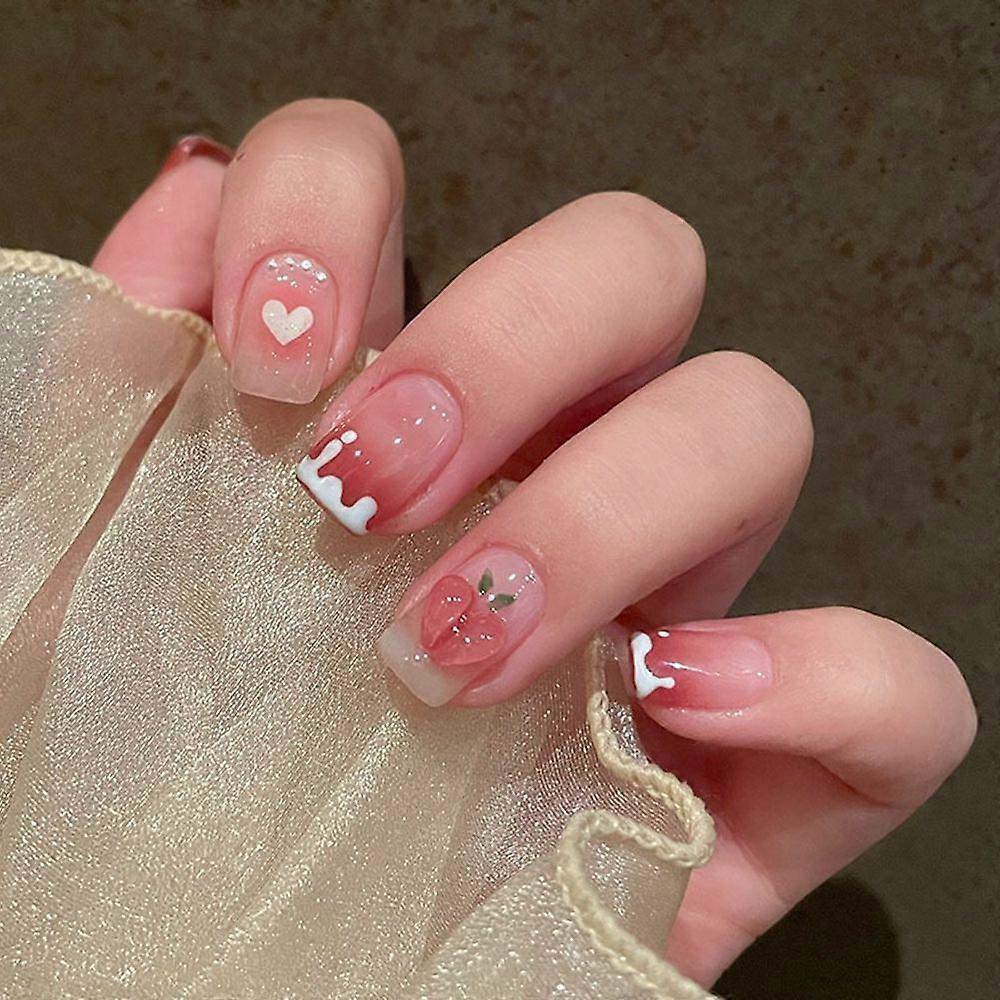 24pcs False Nail Full Cover Fake Nail Elegant Pink Gradient Glitter French Short Nails Coffin Short False Nail Press On Nails