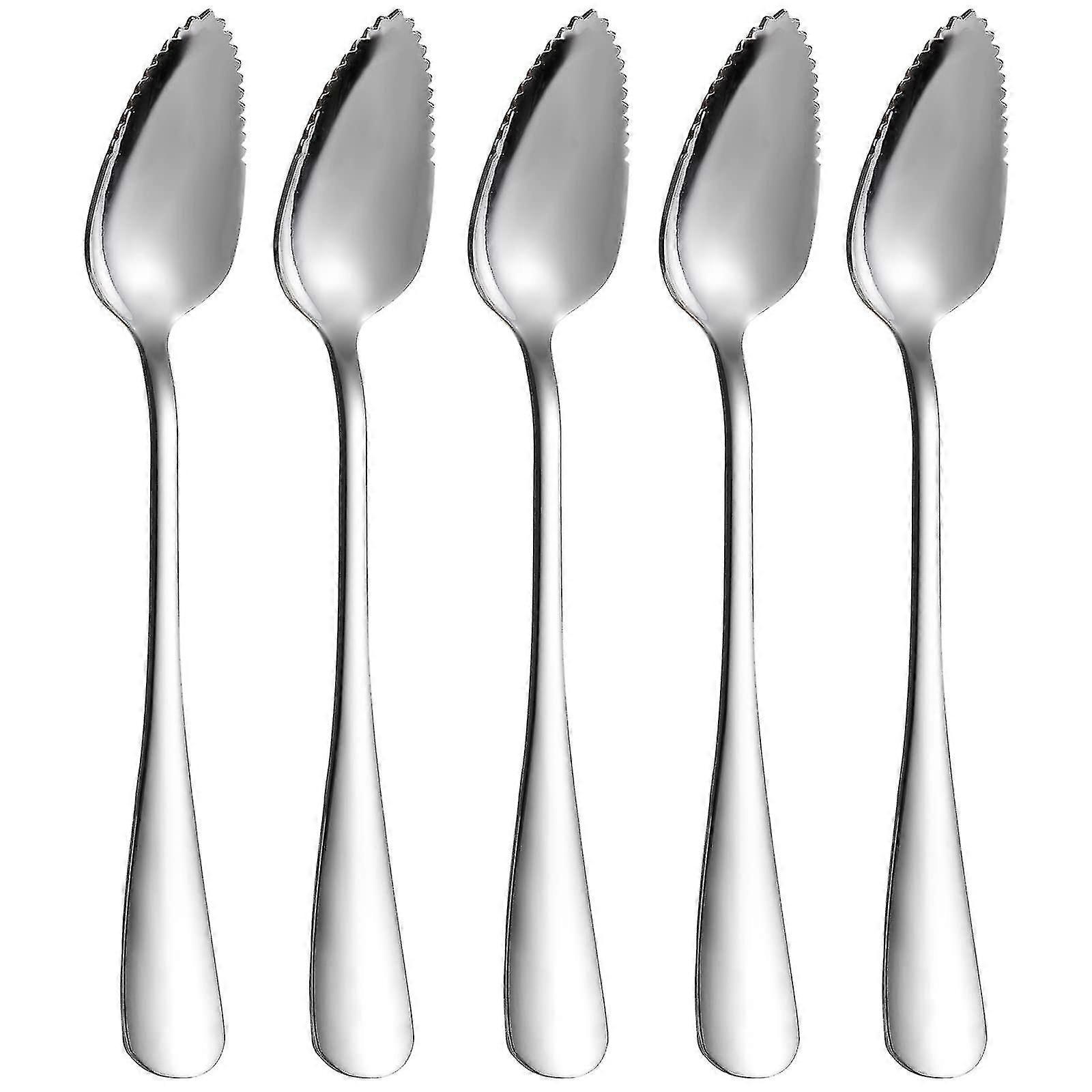 5 Pcs Grapefruit Spoons, Stainless Steel Grapefruit Spoon Utensil Set, Serrated Edge & Thick Gauge Handle, Silver Kitchen Tool With Non-stick Plating