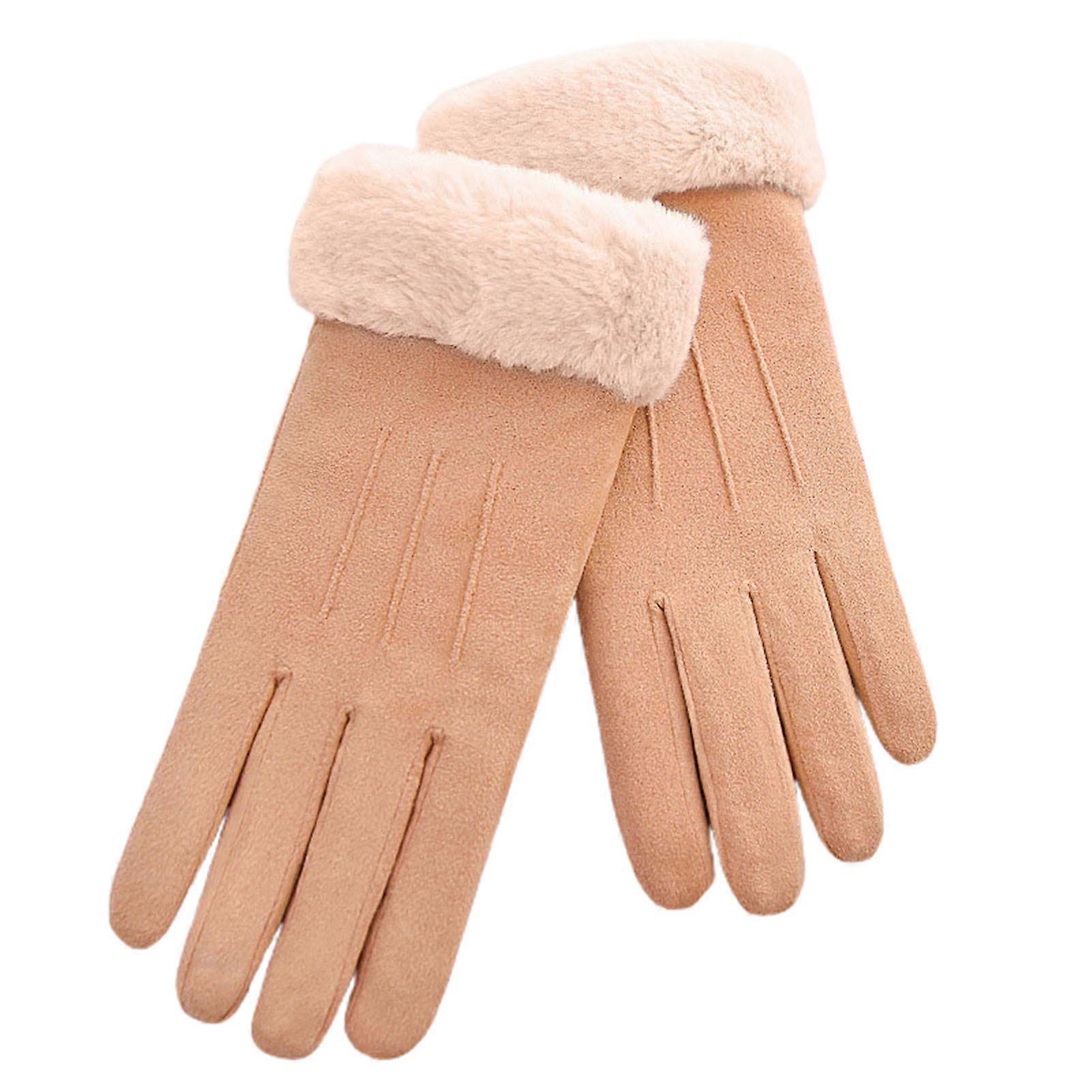 Women Winter Fleece Gloves Elastic Suede Fabric Touch Screen Warm Plush Lined Glove for Riding
