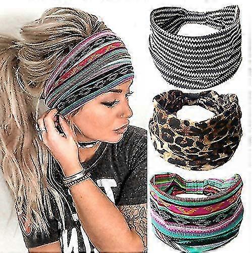 Boho Headbands ,hair Bands With Leopard & Stripe Pattern ,soft & Stretchy(3 Pcs)