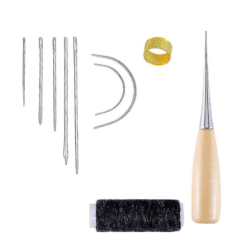 Hand Sewing Needles Kit 10 PCS Canvas Leather Needle with Waxed Thread, Drill Awl and Thimble for Carpet Repair, DIY