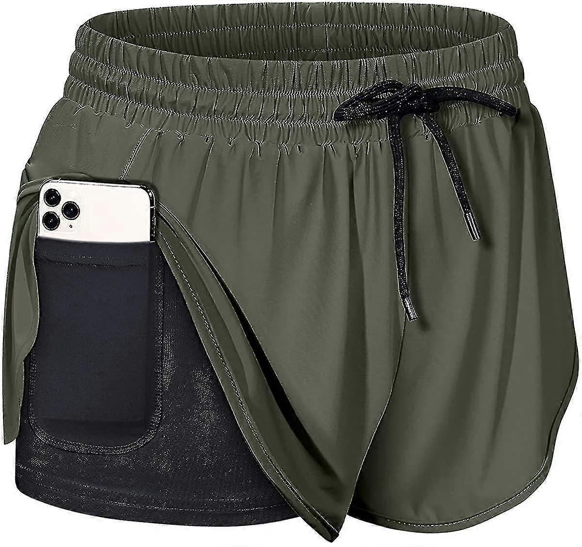 Women Drawstring Waist Athletic Running Shorts With Liner Inner Pocket$womens Double Layer Drawstring Elastic Waist Athletic Shorts With