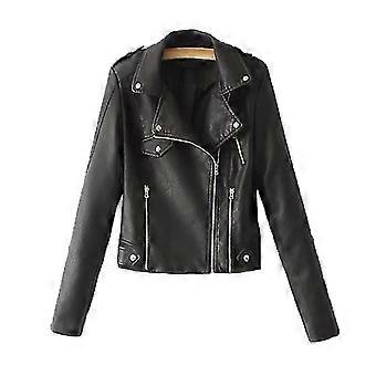 Lapel Long Sleeves Zipper Pocket Women Jacket Fall Winter Solid Color Faux Leather Motorcycle Jacket Coat Streetwear