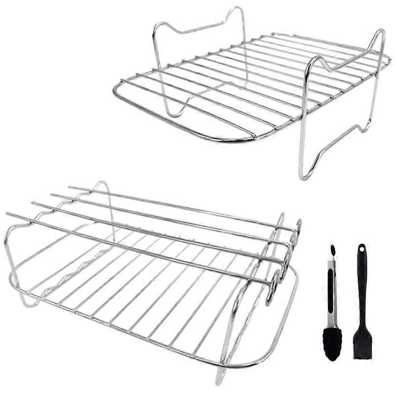 Air Fryer Rack for Dual Air Fryer, 2-Piece Rack with 4 Skewers, Brush and Clips, for Double Basket
