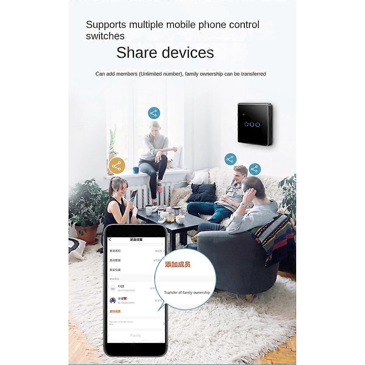 Tuya Wifi Smart Switch Touch-ljusbrytare Enkel Noll Brandlinje Universal 2 Strömbrytare Svart