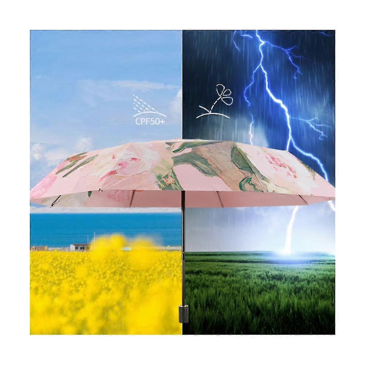 Sun And Uv Protection Dual Use Folding Umbrella With Double Layer And Double Sided Flower Color Tri