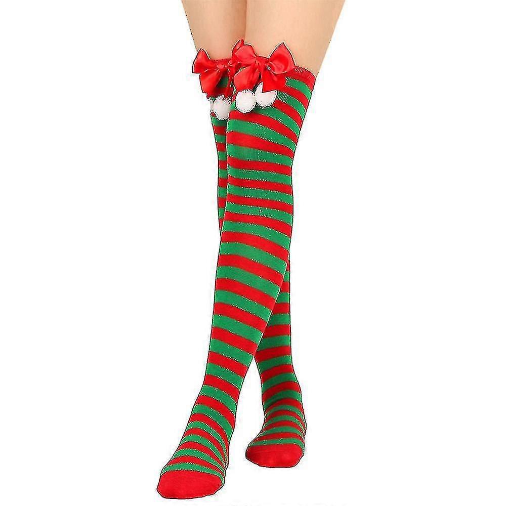 Natale Donne Ragazze a righe / semplice sopra il ginocchio calzini Xmas Elf Fancy Dress Cosplay Calzini a fiocco