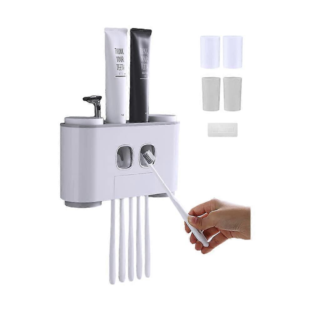 4 Person Wall Mounted Toothbrush Holder with 2 Toothpaste Dispensers, 4 Cups and 5 Toothbrush Compar
