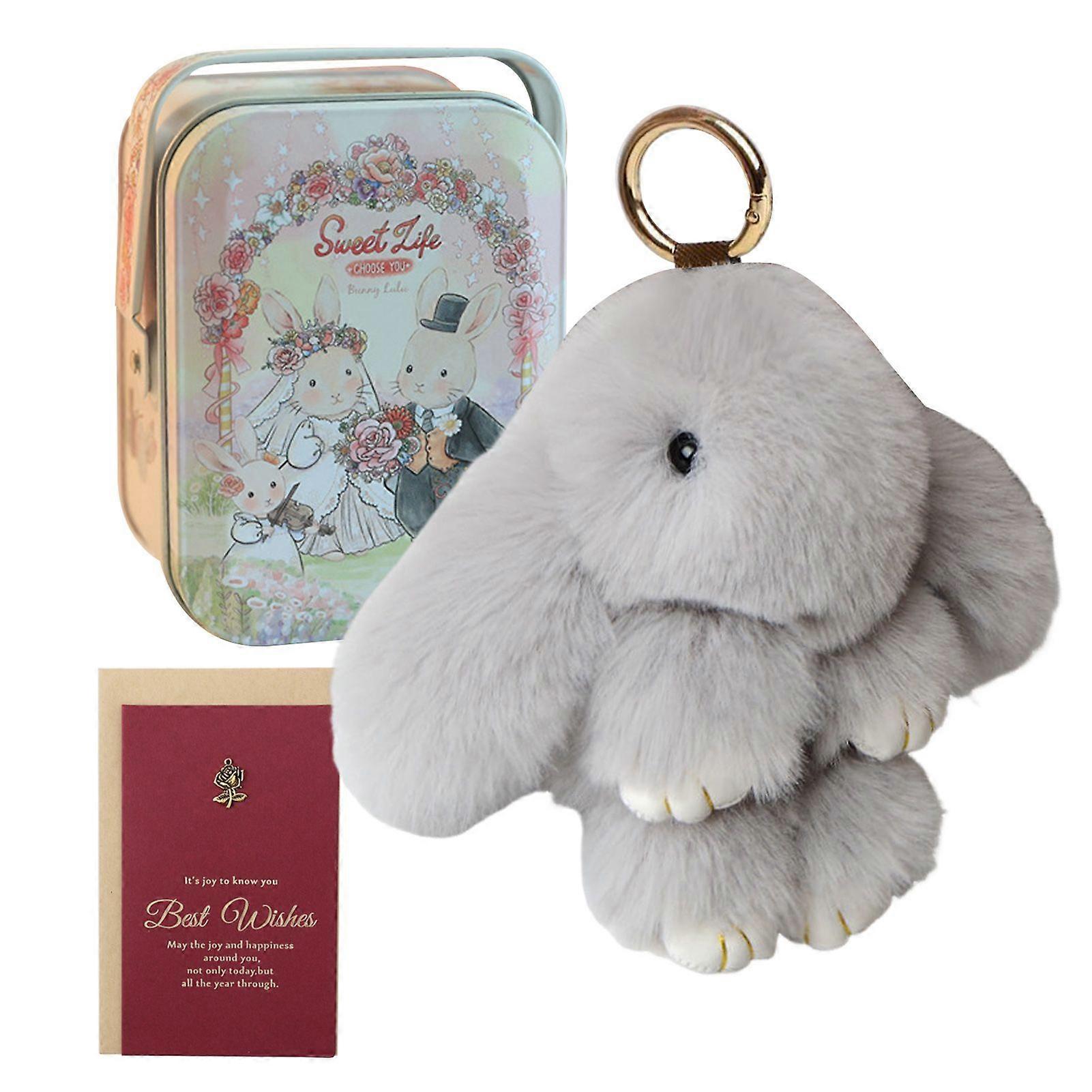 Fur Rabbits Bunny Keychain Adorable Plush Rabbits Doll Pendant Set with Present Card/Mini Tin Box