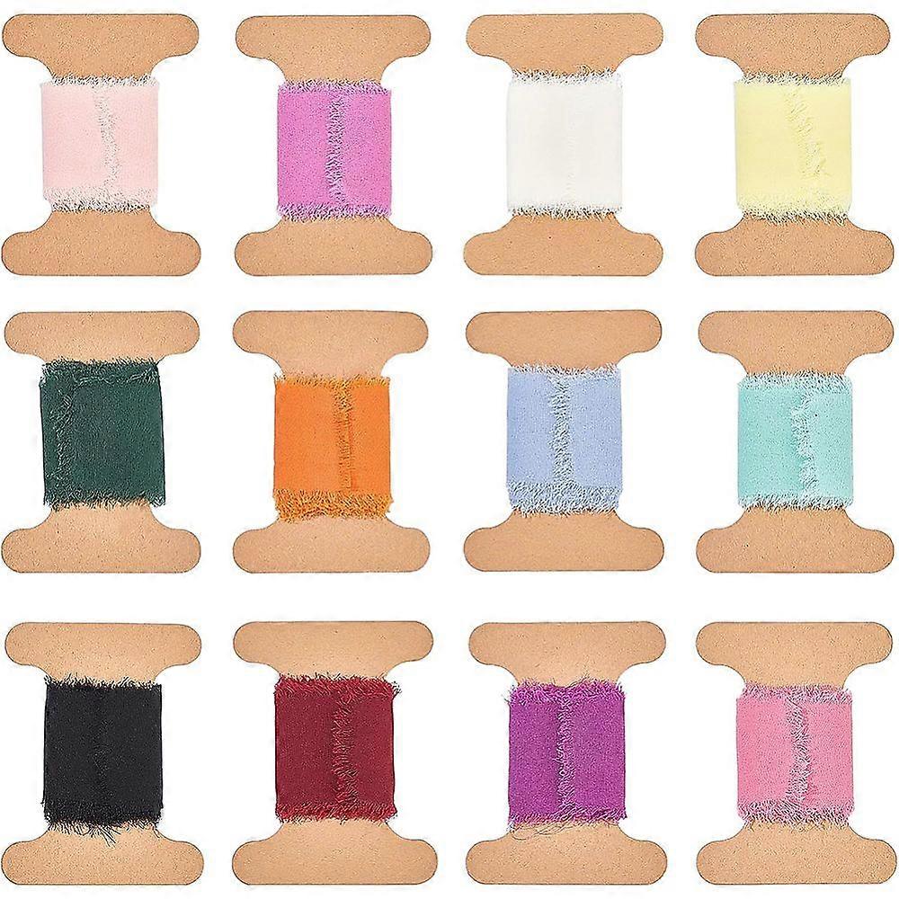 12 Rolls Handmade Fringe Chiffon Ribbons 13 Yards x 1.6 inch Colorful Polyester Silk Ribbon for Bouquets Wrapping Invitations DIY Crafts