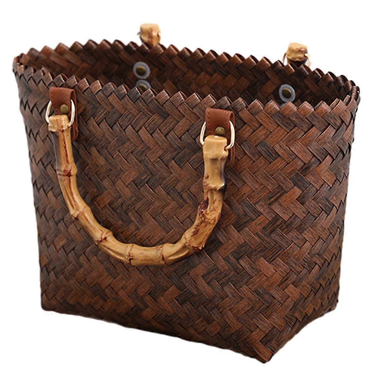 Women's Straw Tote Bag, Bamboo Handle Beach Handbag